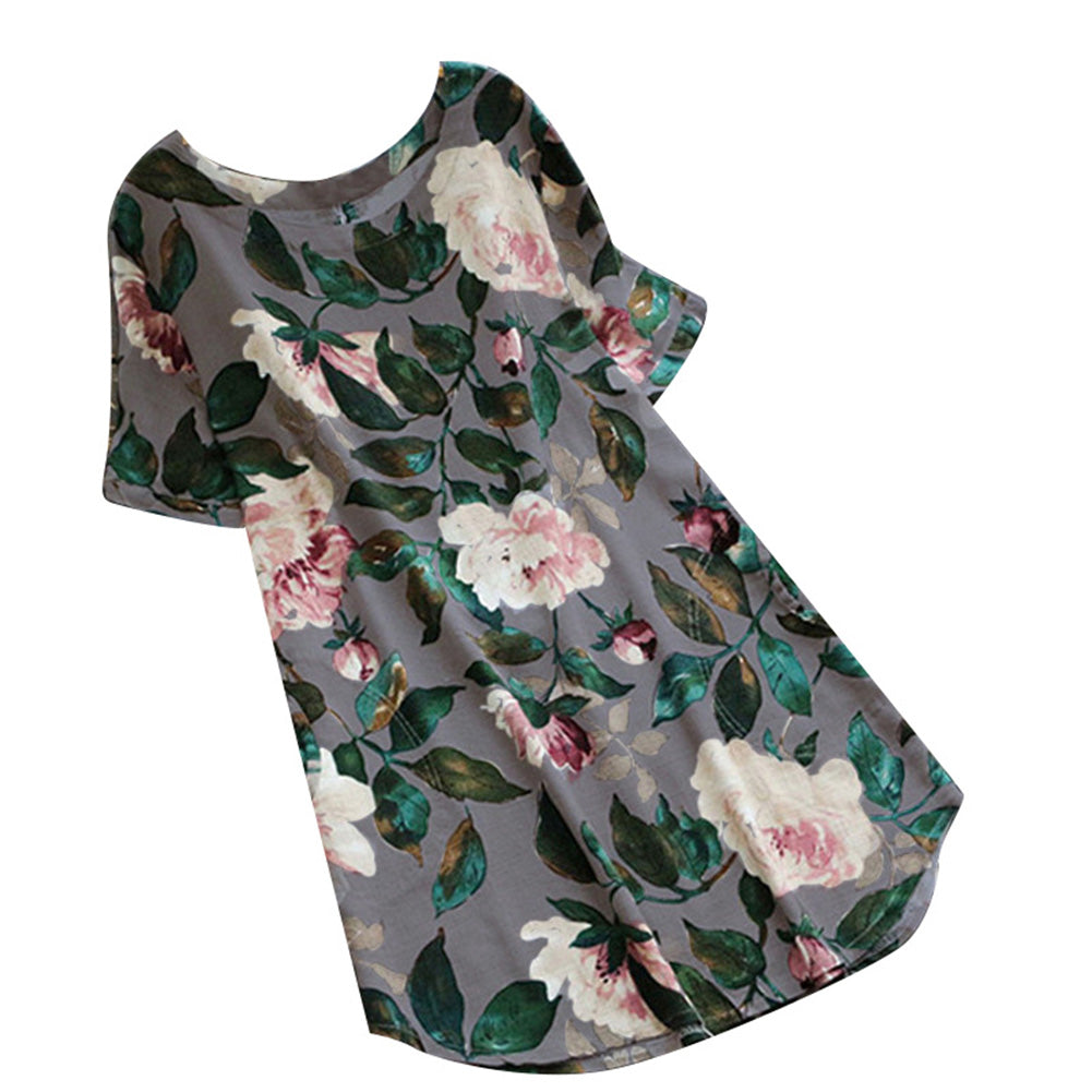 Summer Women Floral Print Short Sleeve Long Shirt Plus Size Loose Mini Dress