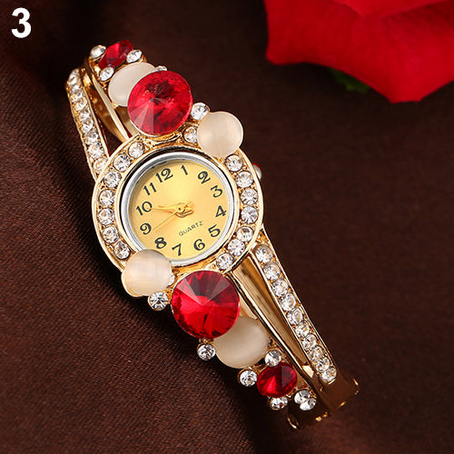 Women Retro Hollow Faux Opal Rhinestone Inlaid Cuff Bangle Wrist Watch