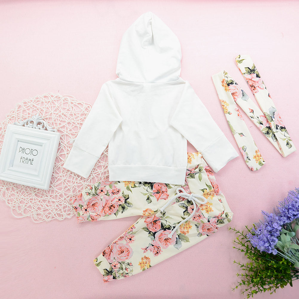 Baby Girl Infant Flower Pattern Long Sleeve Hoodie Pants Hairband Outfit Set