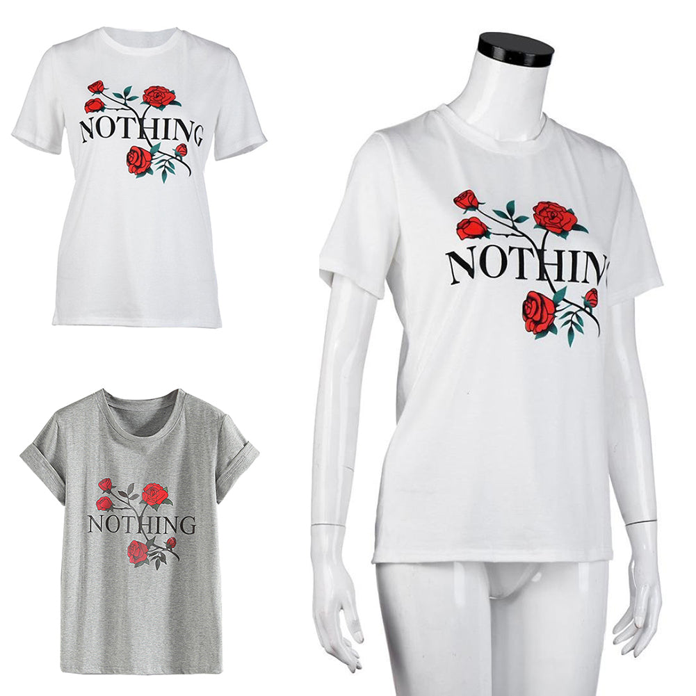 Nothing Letter Print Rose Flower Short Sleeve T-shirt Summer Women's Tee Top