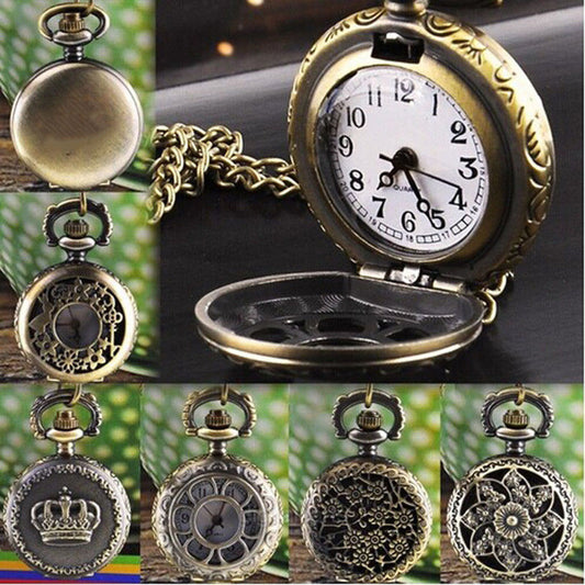 Unisex Vintage Hollow Crown Bronze Quartz Pocket Dress Watch Pendant Necklace