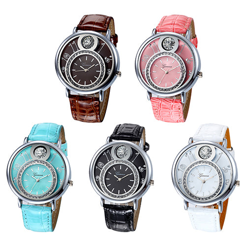 Women's Luxury Rhinestone Round Dial Faux Leather Strap Quartz Wrist Watch