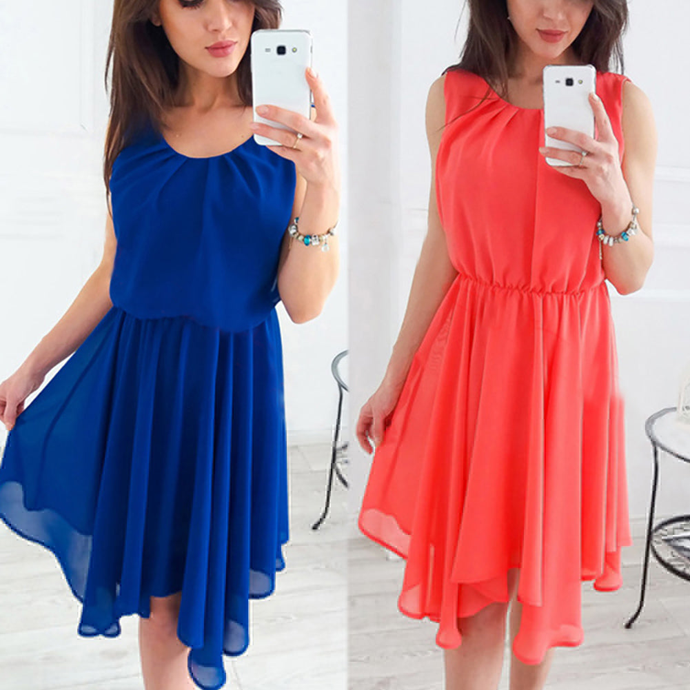 Summer Fashion Women Sleeveless Solid Color Irregular Hem Chiffon Casual Dress