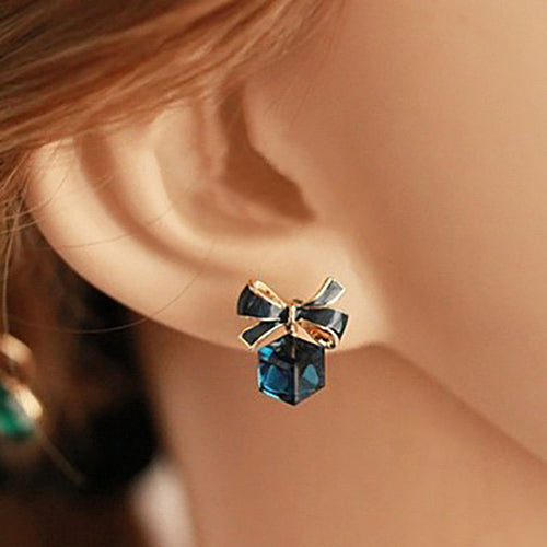 1 Pair Women's Fashion Cute Bowknot Cube Crystal Rhinestone Ear Studs Earrings