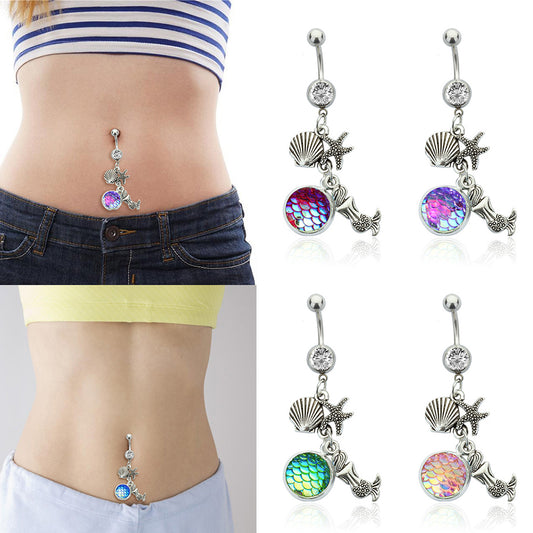 Fashion Mermaid Navel Piercing Sexy Belly Button Ring Women Rhinestone Jewelry