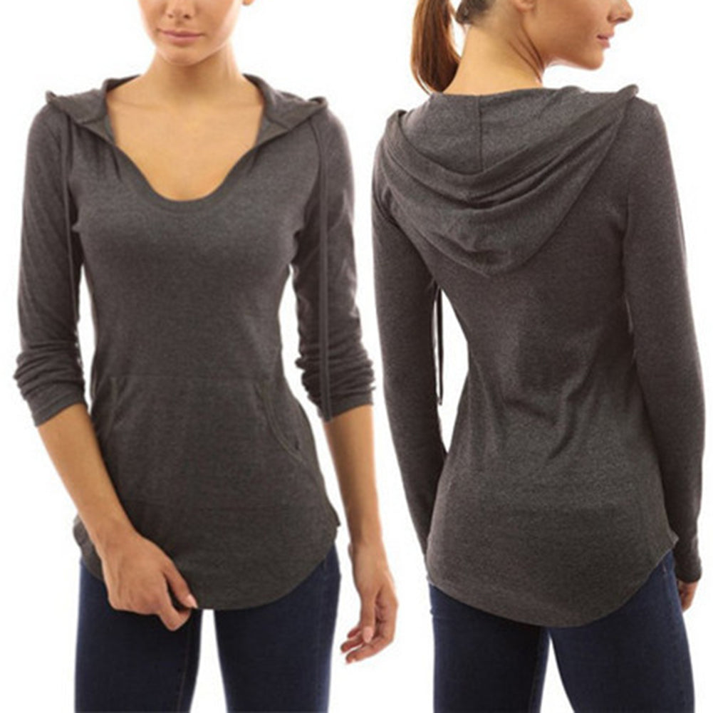 Long Sleeve Sweatshirt Women's Hoodie Pocket Slim Pullover Jumper Hooded Top