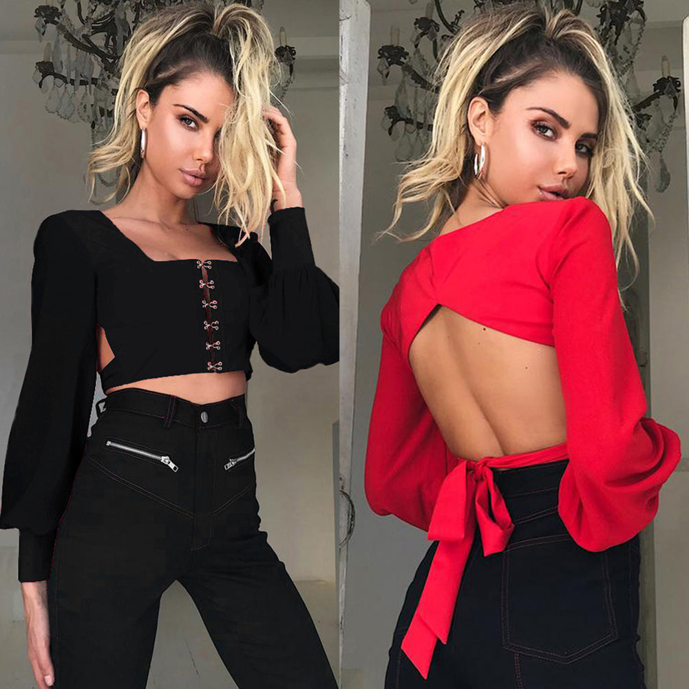 Fashion Women Solid Color Long Sleeve Summer Backless Bandage Crop Top Blouse