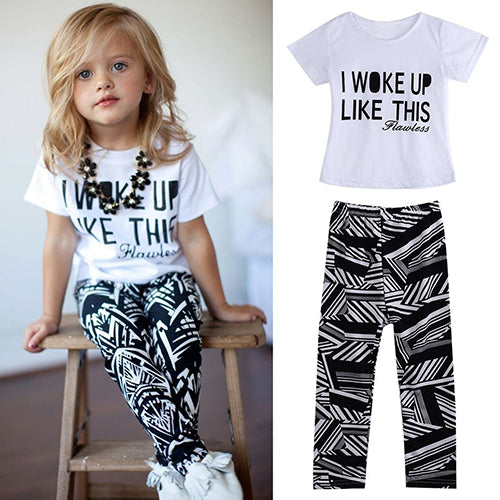 Kids Girls Summer I Woke Up Like This Print Short Sleeve T-shirt+Pants Outfit Set
