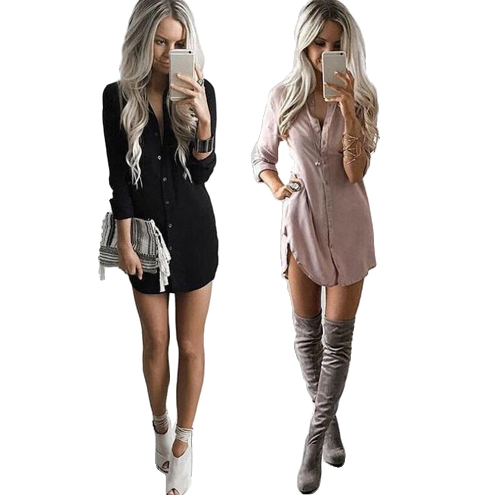 Fashion Lady Long Sleeve Shirt Casual Loose Button Down Blouse Solid Color Top