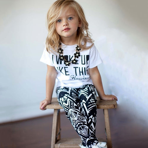 Kids Girls Summer I Woke Up Like This Print Short Sleeve T-shirt+Pants Outfit Set