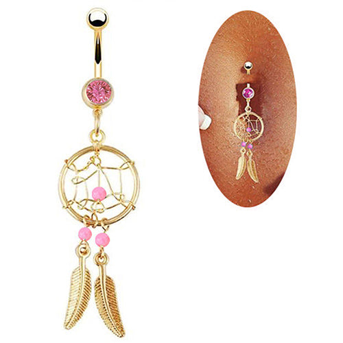 Gold-tone Dream Catcher Feather Rhinestone Beads Belly Button Navel Ring Barbell