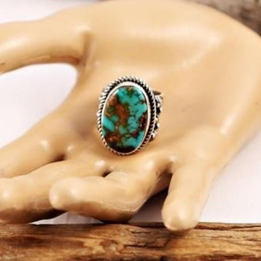 Retro Women Turquoise Artificial Gemstone Floral Ring Party Jewelry Finger Decor