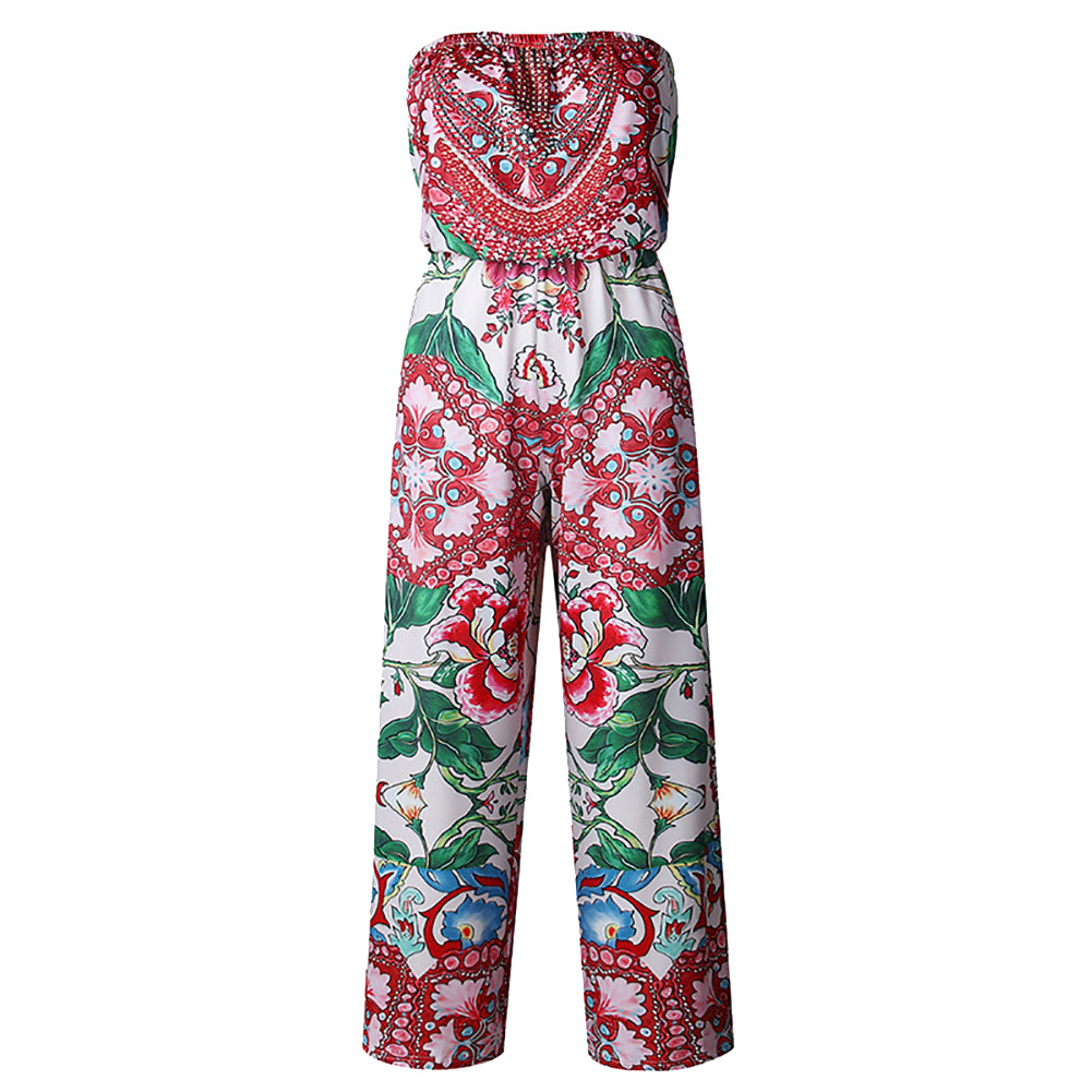 Women Summer Fashion Flower Strapless Jumpsuit Long Wide Leg Romper Pants