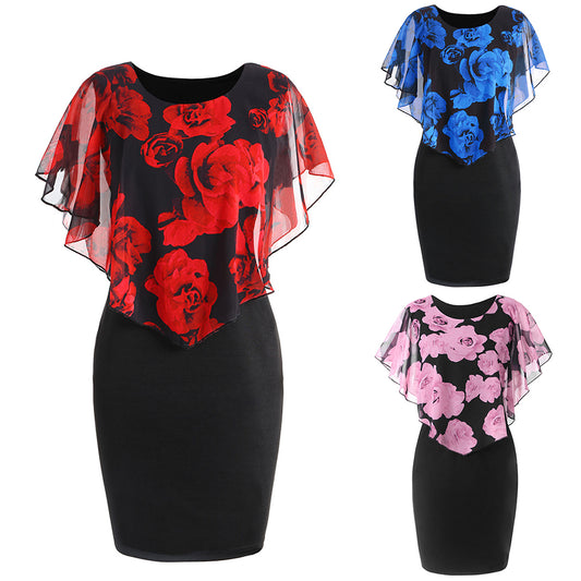 Fashion Elegant Rose Floral Print Shawl Design Round Neck Slim Fit Women Dress