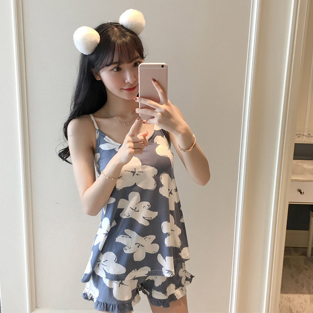 Fashion Lovely Flower Floral Sleeveless Top Shorts Women Sleepwear Pajamas Set