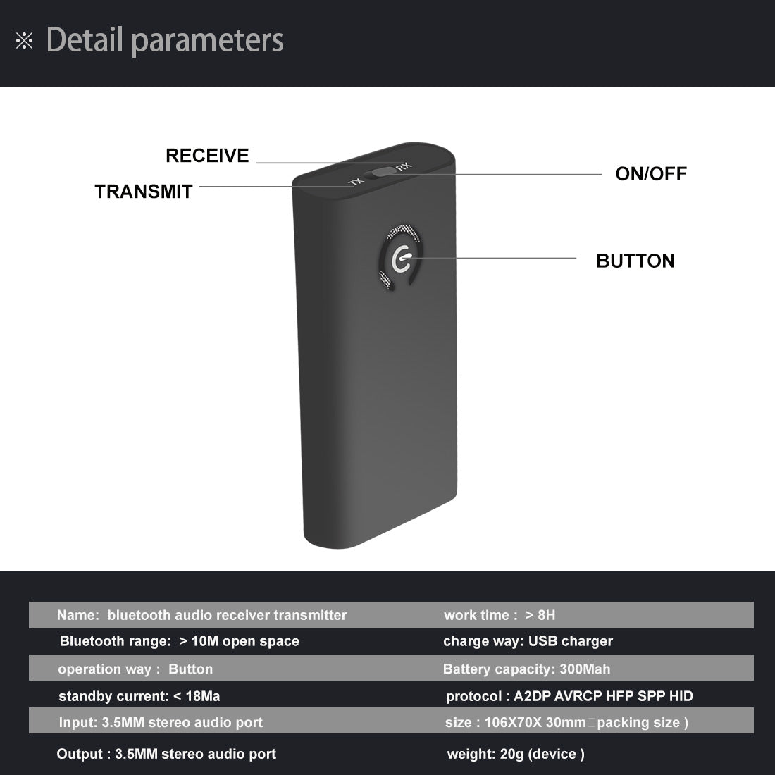 2 in 1 Bluetooth A2DP Transmitter Receiver 3.5mm Wireless Bluetooth Audio transmitter Adapter for Speaker