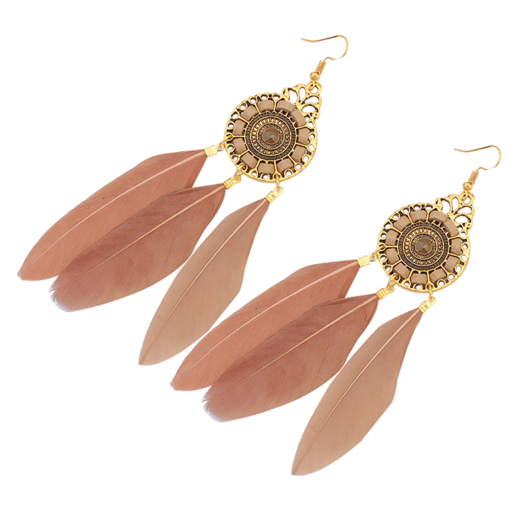 Vintage Women Long Feather Round Hollow Circle Hook Earrings Party Jewelry Gift