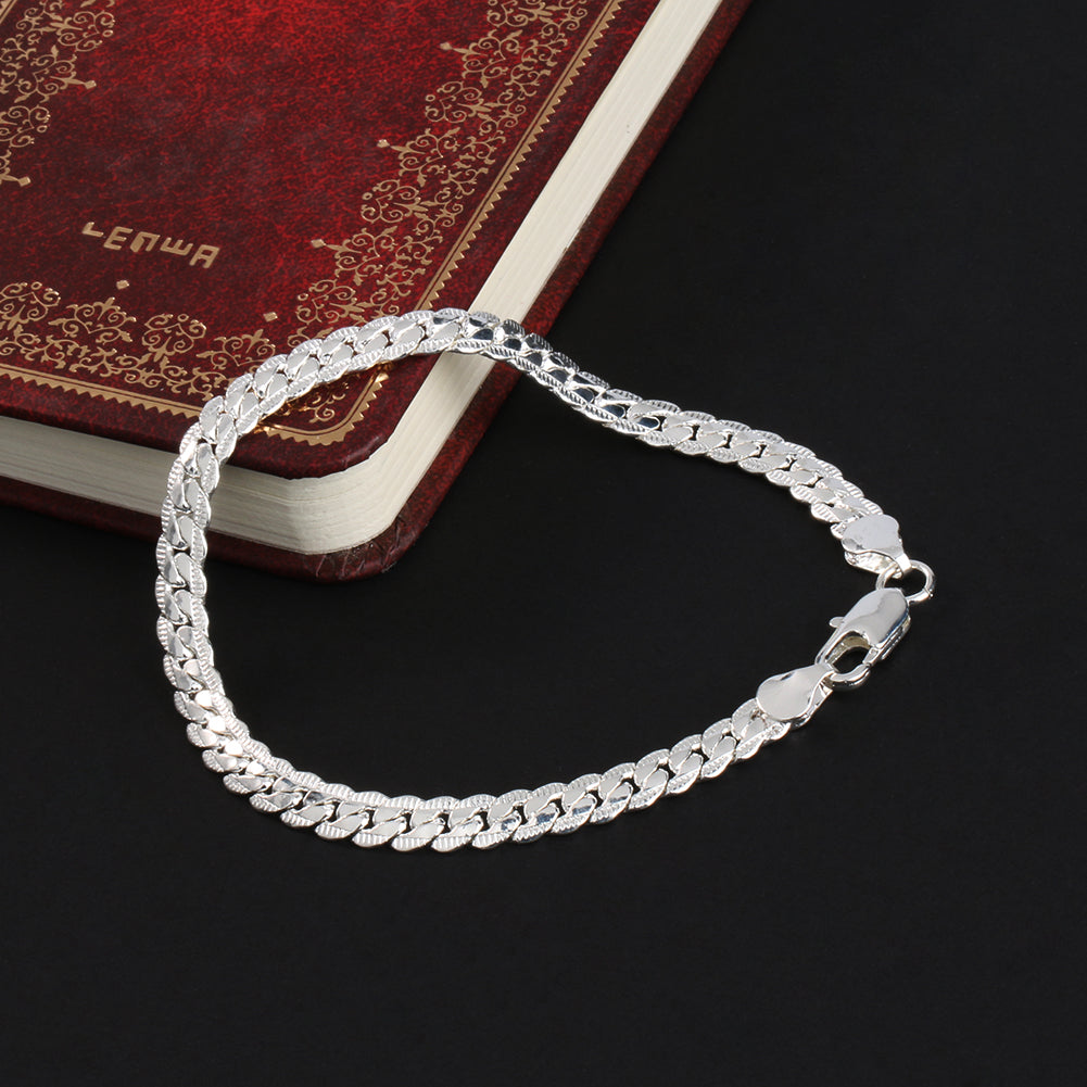 Fashion Men's Flat Curb Silver Plated Chain Simple Design Bracelet Jewelry Gift