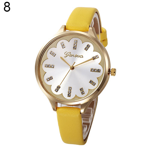 Hot Women Flower Dial Rhinestone Geneva Wristwatch Slim Faux Leather Band Watch