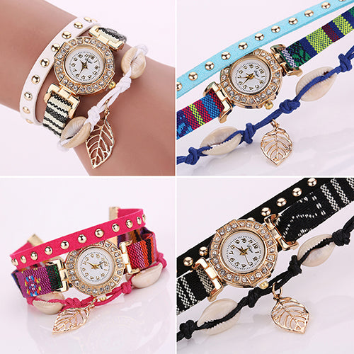 Women's Inlaid Rhinestone Leaf Shell Rivet Faux Leather Braided Band Wrist Watch