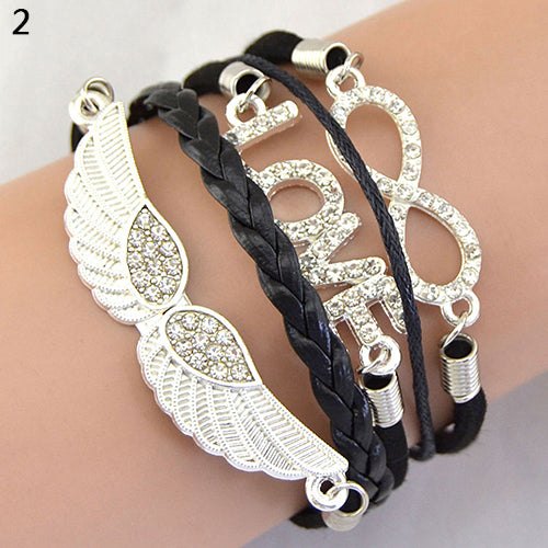 Women's Vintage Infinity Braid Bracelet Love Angel Wing Style Rhinestone Bangle