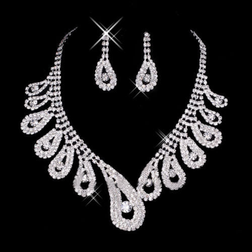 Women Luxury Elegant Rhinestone Teardrop Necklace + Earrings Bridal Jewelry Set