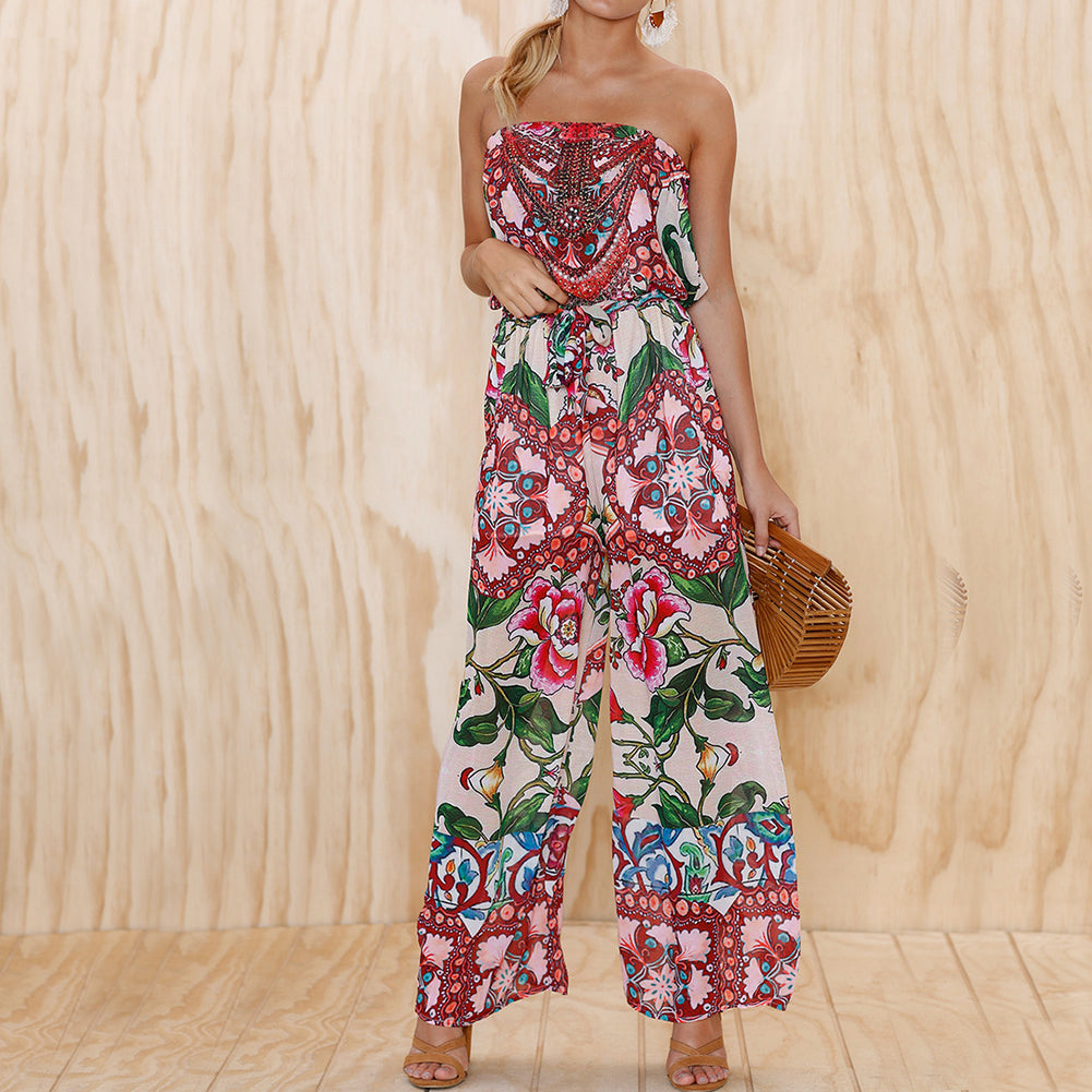 Women Summer Fashion Flower Strapless Jumpsuit Long Wide Leg Romper Pants