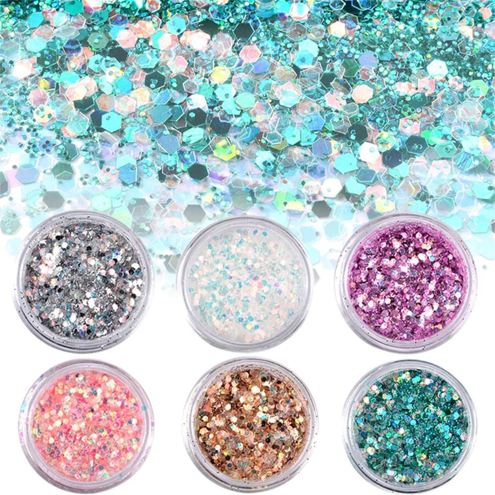 6Pcs Colorful Manicure Pigments Paillette Laser Sequins Nail Glitter Powder
