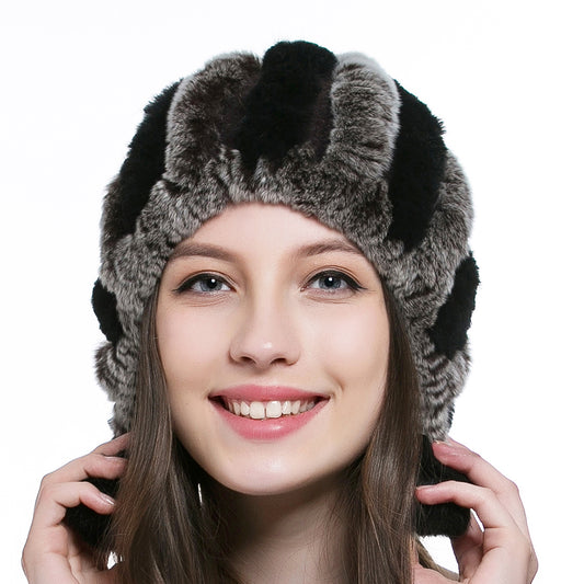 Womens Genuine Rex Rabbit Fur Stripe Knit Beanie Hat With Pom-Poms