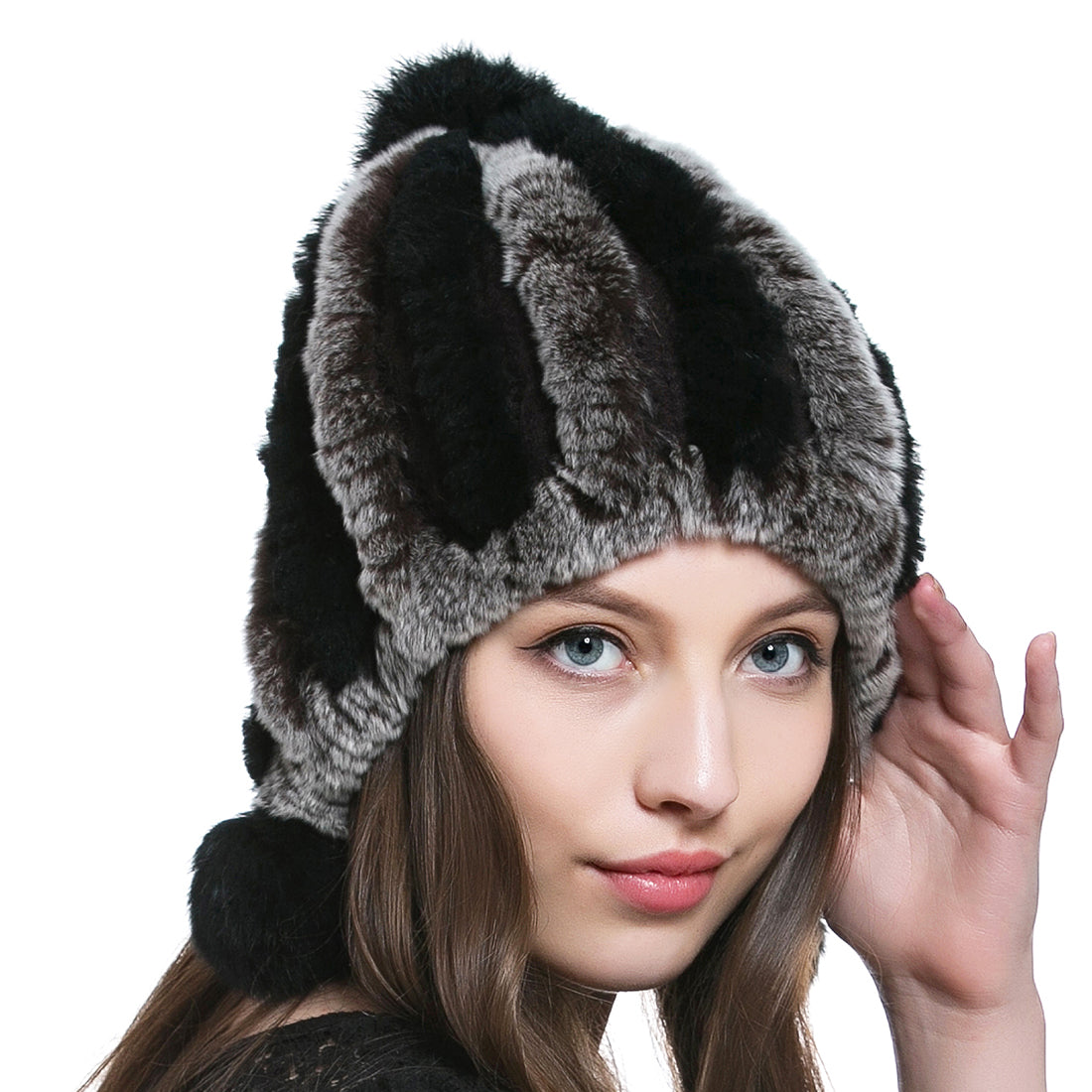 Womens Genuine Rex Rabbit Fur Stripe Knit Beanie Hat With Pom-Poms