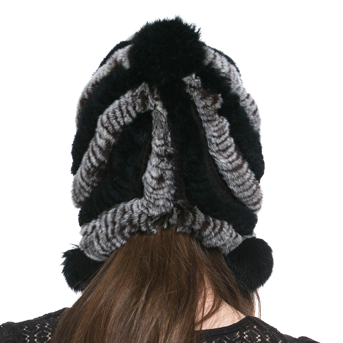 Womens Genuine Rex Rabbit Fur Stripe Knit Beanie Hat With Pom-Poms