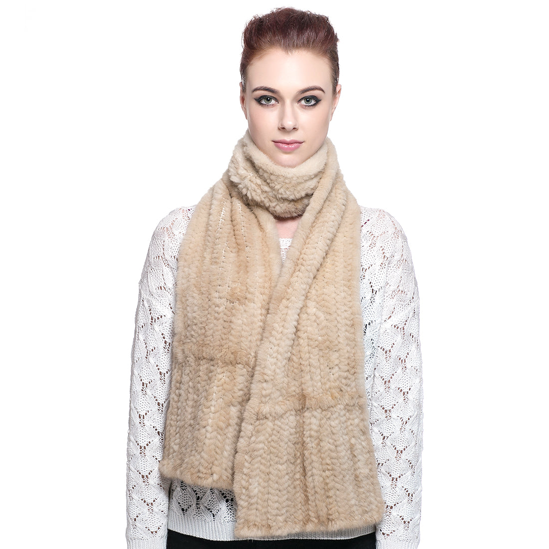 Knitted Mink Fur Pull Through Shawl Bell Bottom Scarf