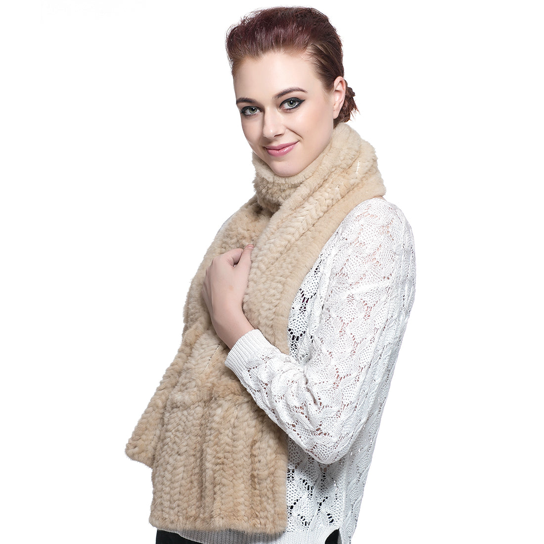 Knitted Mink Fur Pull Through Shawl Bell Bottom Scarf