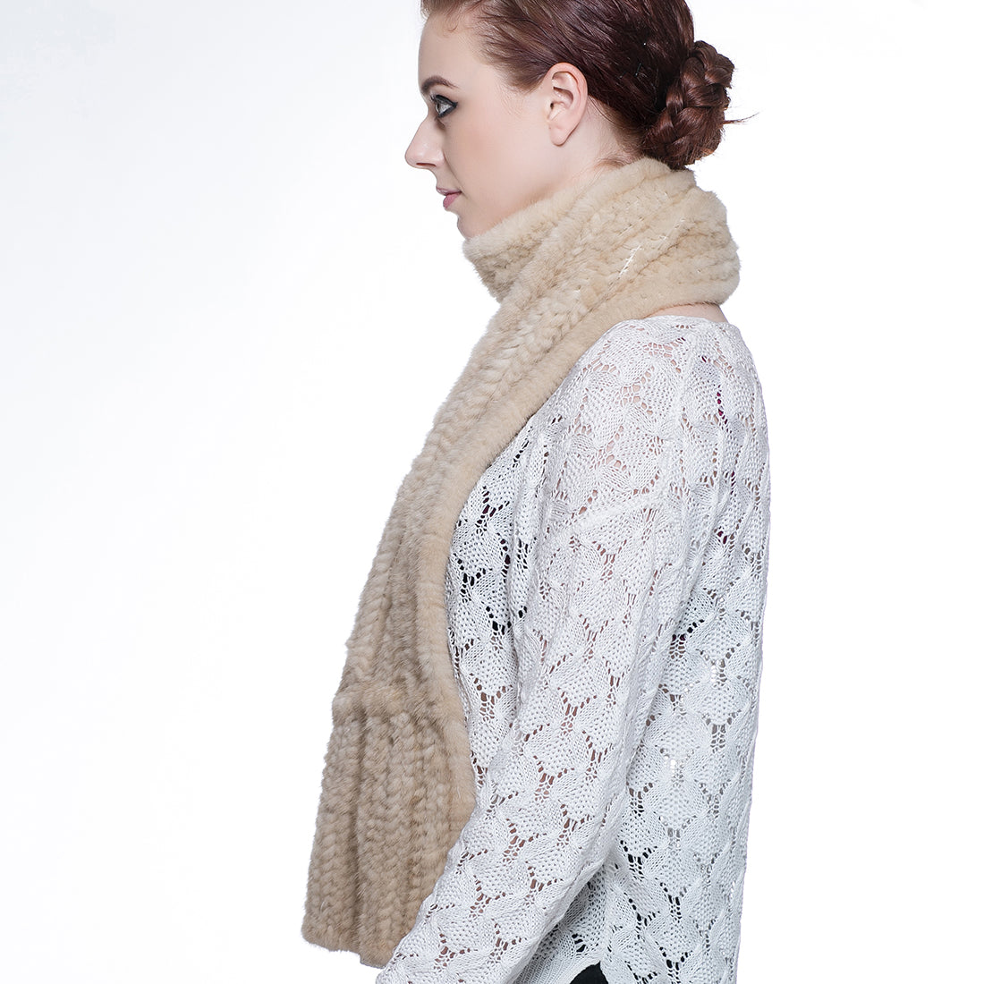 Knitted Mink Fur Pull Through Shawl Bell Bottom Scarf