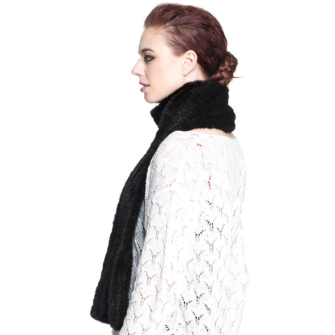 Knitted Mink Fur Pull Through Shawl Bell Bottom Scarf