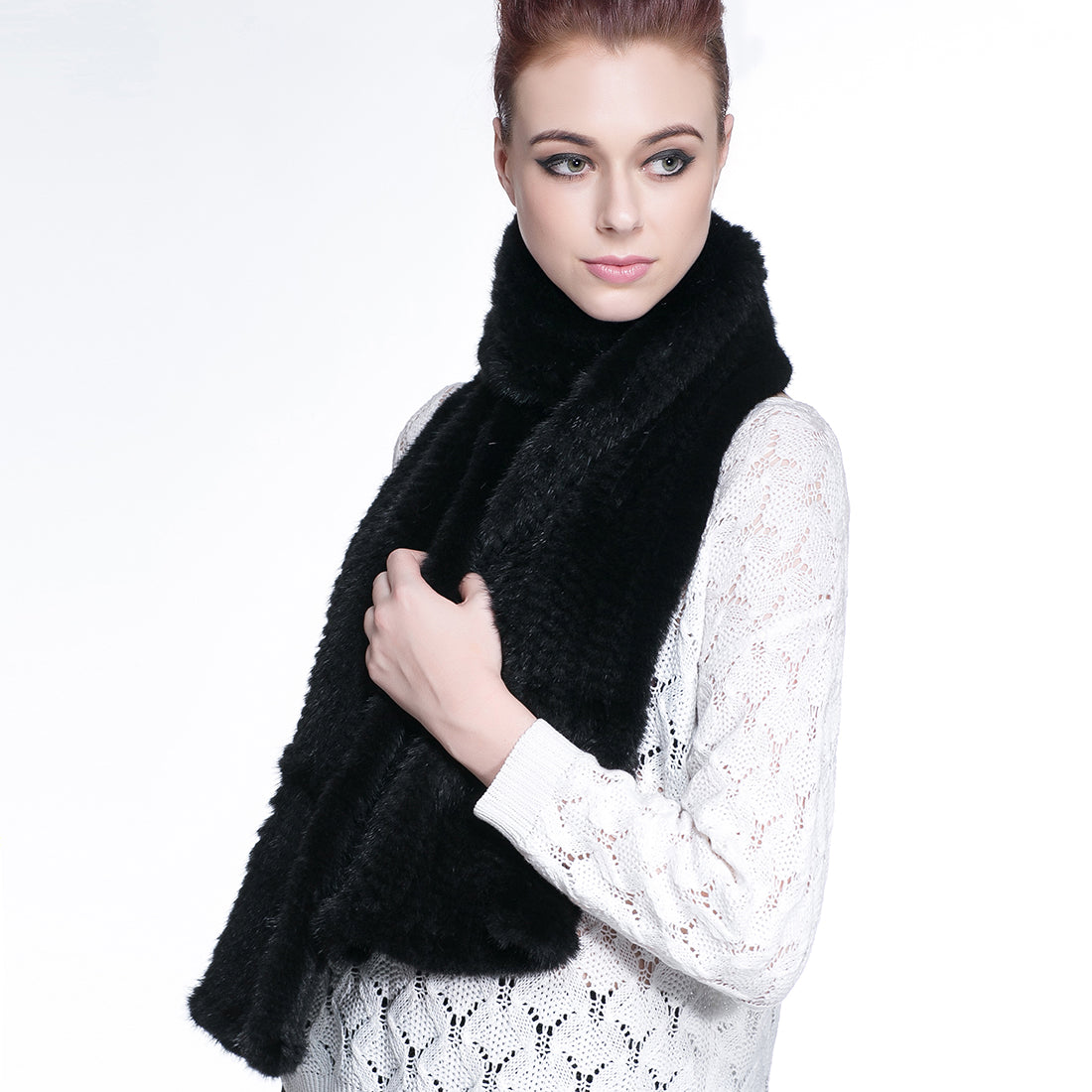 Knitted Mink Fur Pull Through Shawl Bell Bottom Scarf