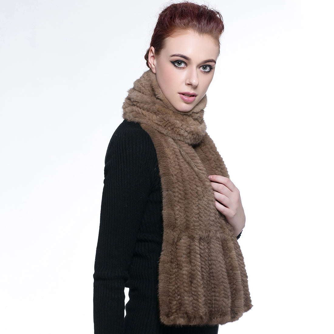 Knitted Mink Fur Pull Through Shawl Bell Bottom Scarf