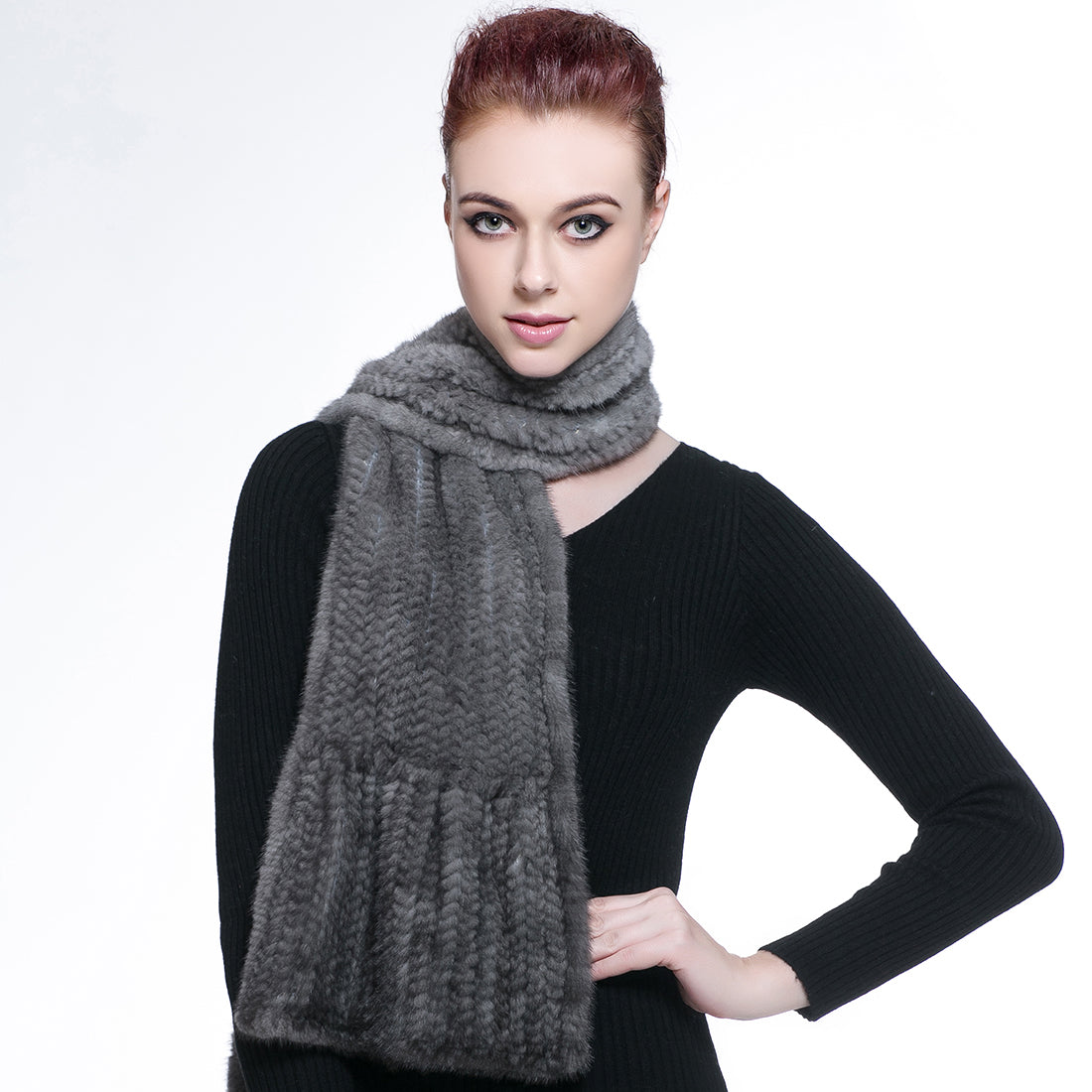Knitted Mink Fur Pull Through Shawl Bell Bottom Scarf