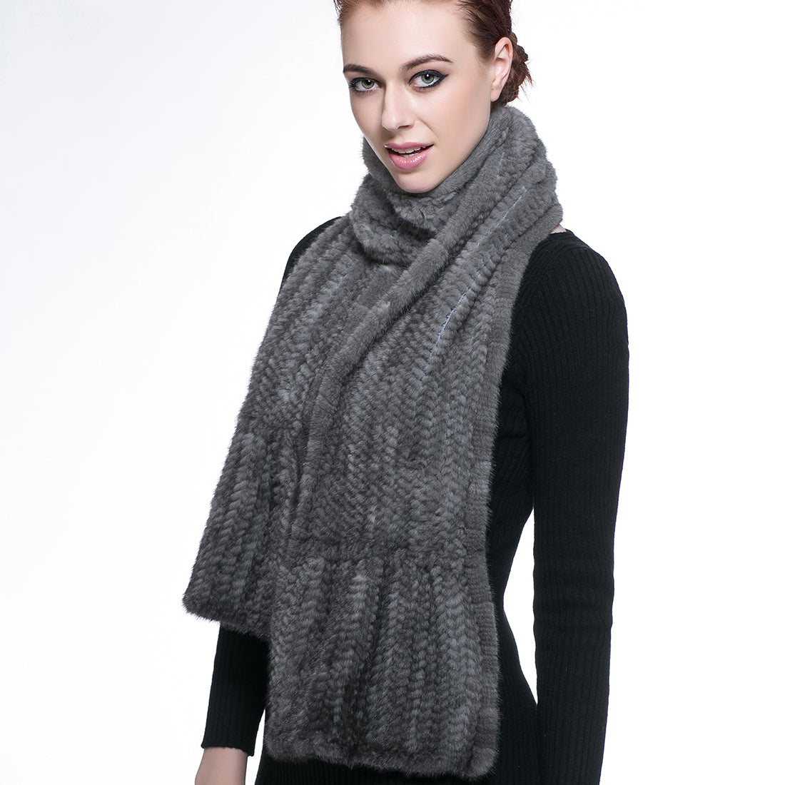 Knitted Mink Fur Pull Through Shawl Bell Bottom Scarf