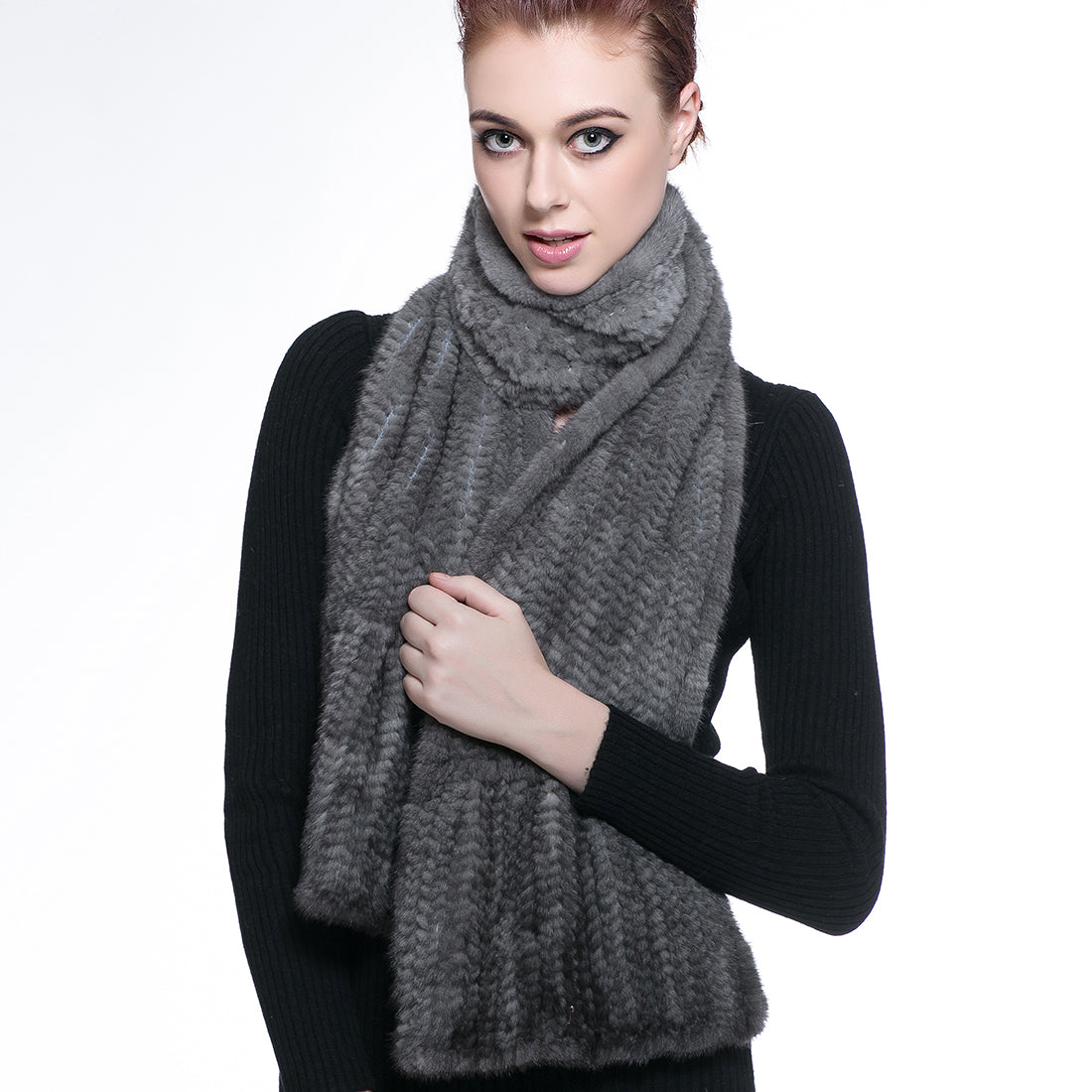 Knitted Mink Fur Pull Through Shawl Bell Bottom Scarf