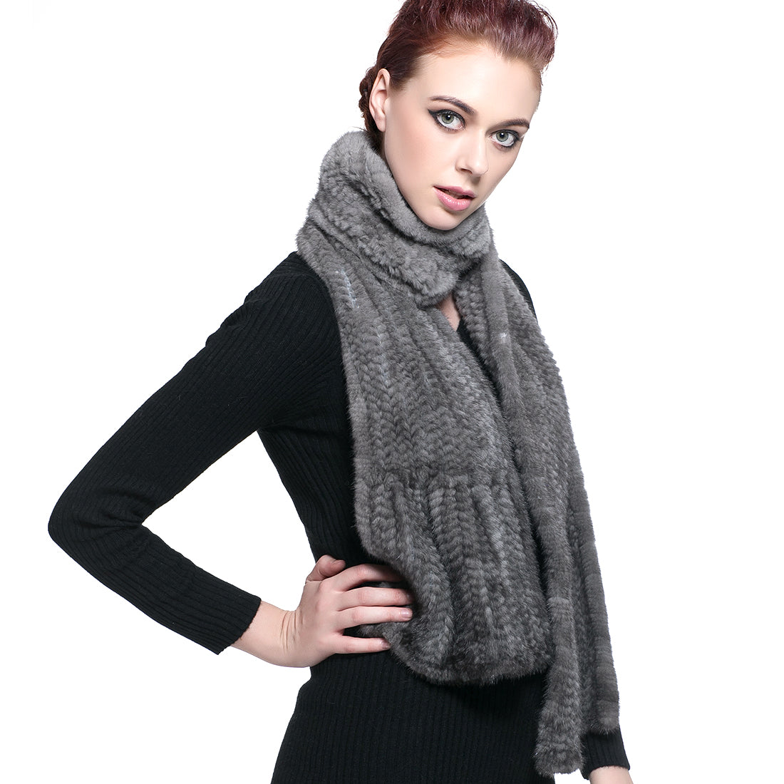 Knitted Mink Fur Pull Through Shawl Bell Bottom Scarf