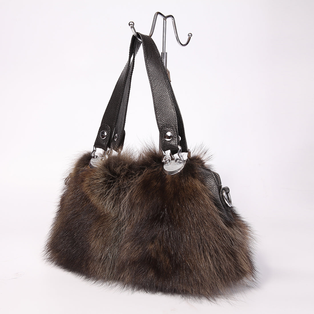 Women's Raccoon Fur Fluffy Clutch Shoulder Bag Large Tote Handbag Purse