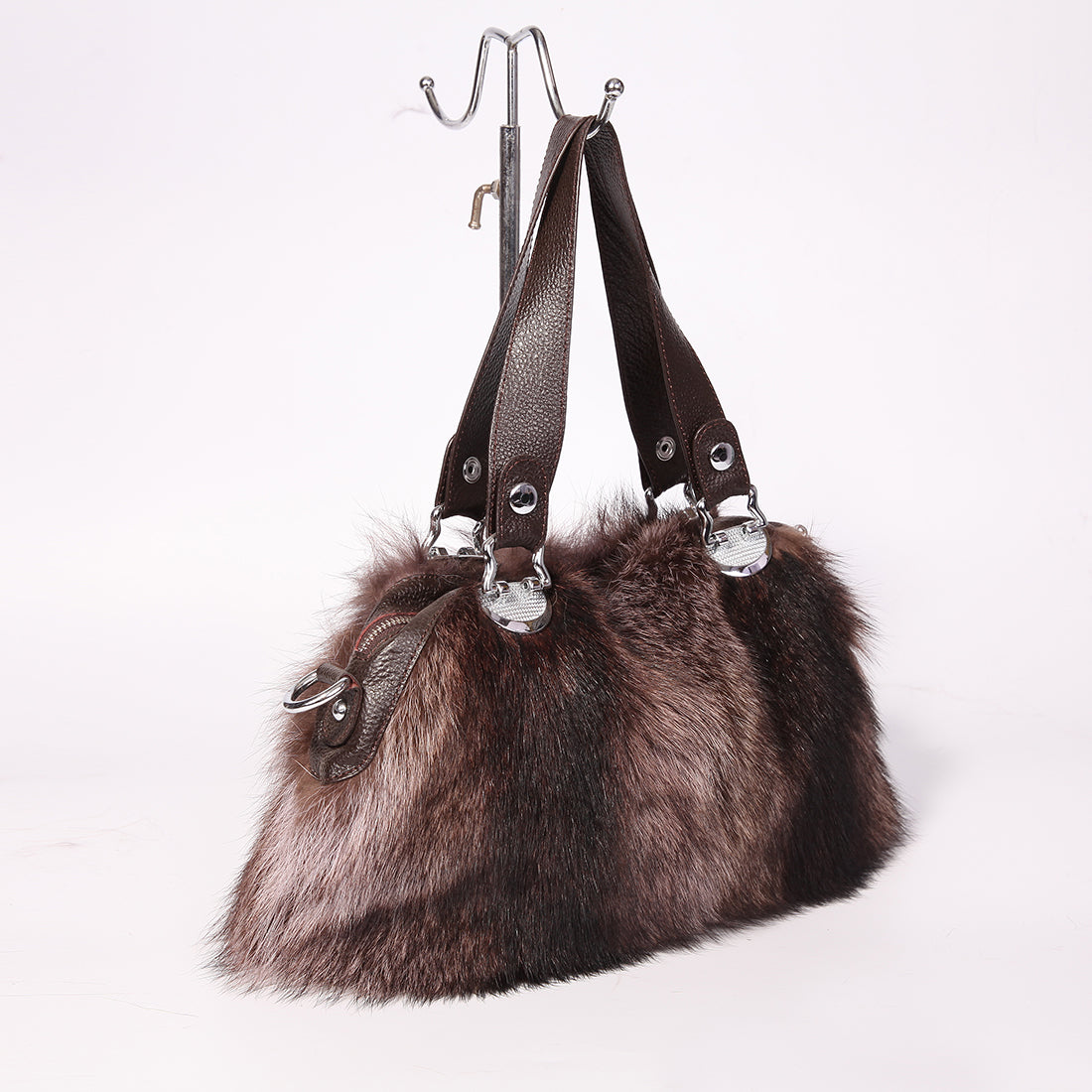 Women's Raccoon Fur Fluffy Clutch Shoulder Bag Large Tote Handbag Purse