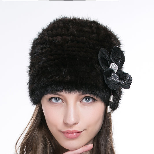 Women Authentic Real Mink Fur Knit Beanie Hat Cap Headgear With Flower