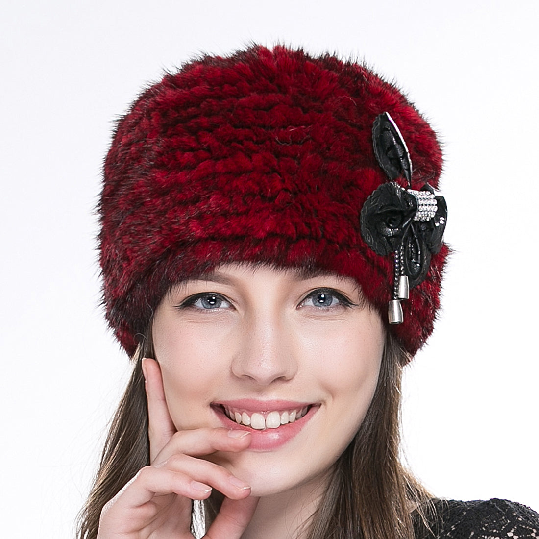 Women Authentic Real Mink Fur Knit Beanie Hat Cap Headgear With Flower