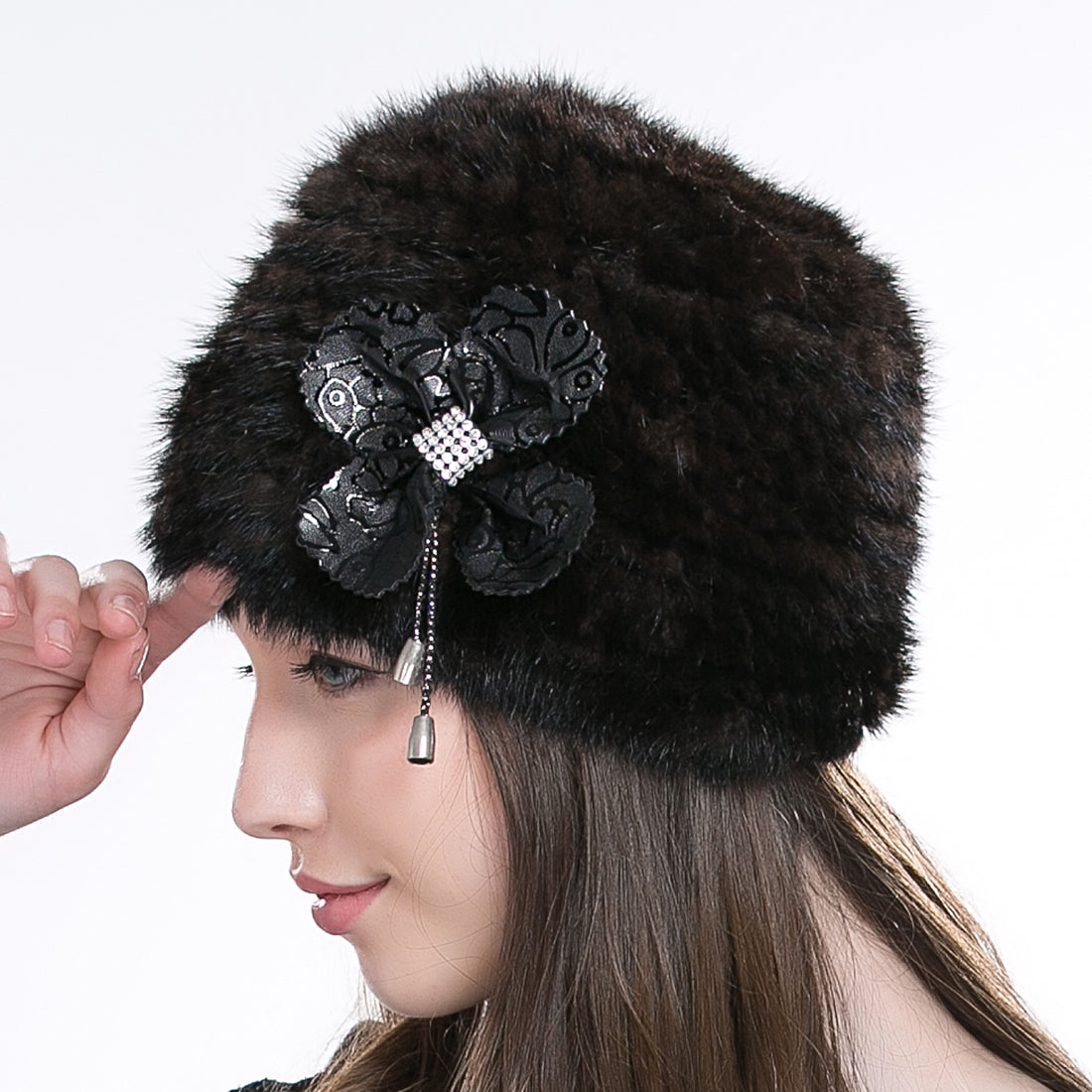 Women Authentic Real Mink Fur Knit Beanie Hat Cap Headgear With Flower