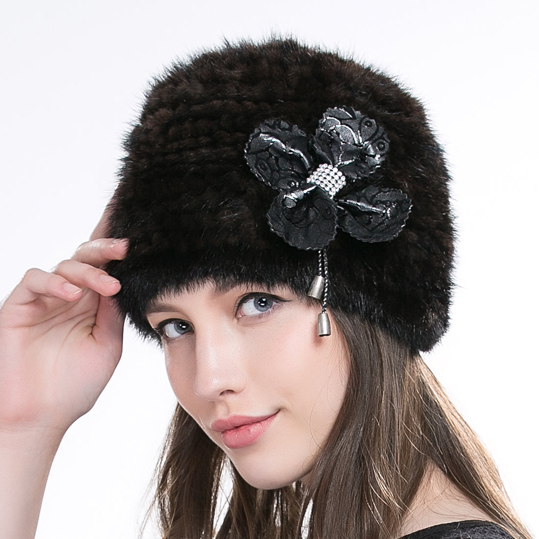 Women Authentic Real Mink Fur Knit Beanie Hat Cap Headgear With Flower