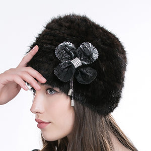 Women Authentic Real Mink Fur Knit Beanie Hat Cap Headgear With Flower