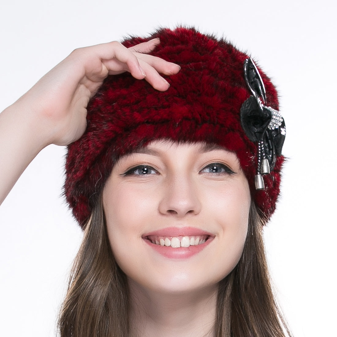 Women Authentic Real Mink Fur Knit Beanie Hat Cap Headgear With Flower