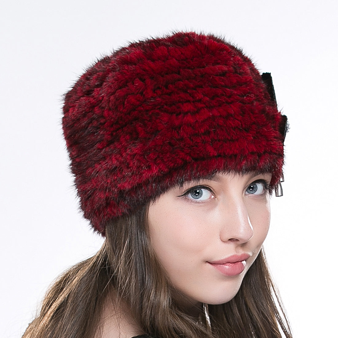 Women Authentic Real Mink Fur Knit Beanie Hat Cap Headgear With Flower